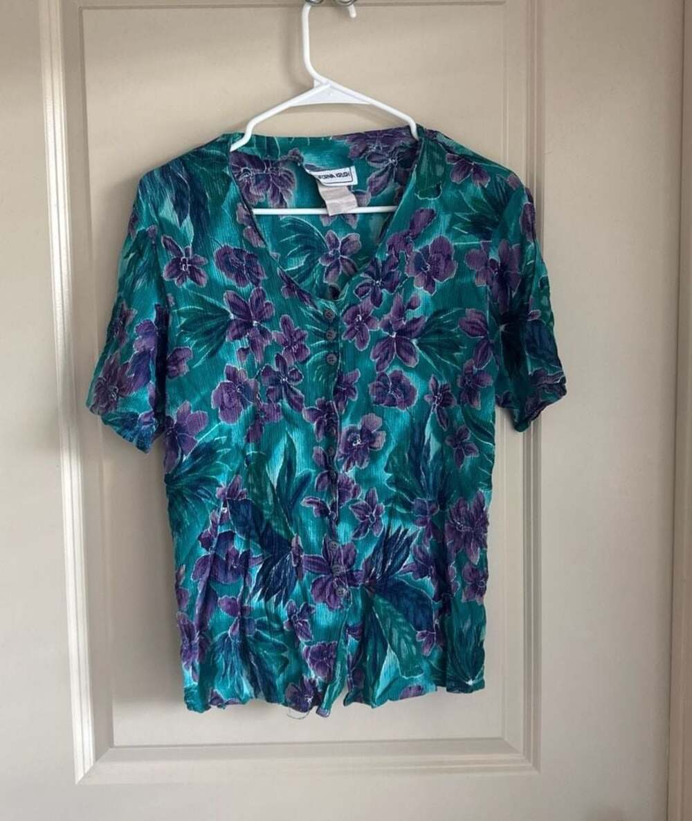 California Krush Vintage Teal and Purple Floral Button Front Blouse Size Large